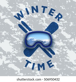 vector clip-art on the theme of winter sports. logo of snowboarding and skiing . illustration of ski and snowboard with the ski goggles. mountains in reflection of ski mask lens. vector illustration