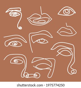 Vector clipart of one-line sketches of eyes and lips