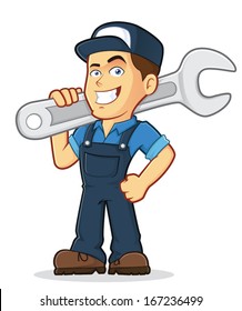 Vector clipart picture of a male mechanic cartoon character holding a huge wrench