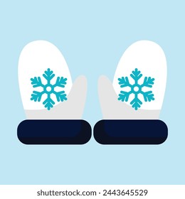 Vector clipart red mittens with snowflakes on blue background.