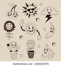 Vector Clipart Retro Groovy Elements. Funny Characters With Faces Funky Flower Power, Daisy Flower, Cactus, Flowerpot, Sun, Cherry, Lightning Cloud, Banana And Watermelon. Isolated Linear Hand Doodle