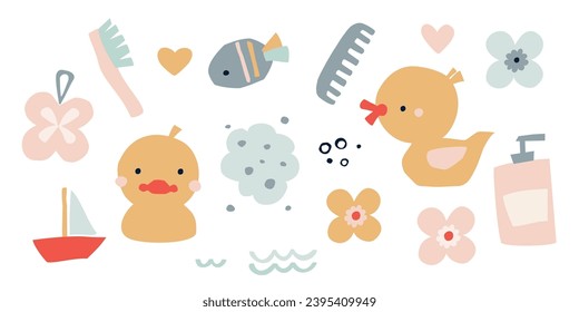 Vector clipart. Pato de goma y accesorios de baño. ilustración infantil. Dibujado a mano.