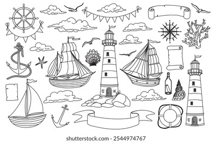 Clipart de vetor com veleiro e farol para design de bebê em estilo náutico. Desenho Linear de Beacon and Ships para livro de coloração infantil. Conjunto de artes marinhas para crianças. Gravação do contorno.