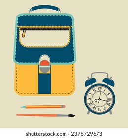 Vektorclip-Kunst, Schulmaterial, Rucksack, Wecker, Bleistift, Pinsel, Vintage.