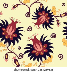 Vector clipart. Seamless pattern with stylized exotic flowers, climbing plants. Fashion floral wallpaper, background. Asian style