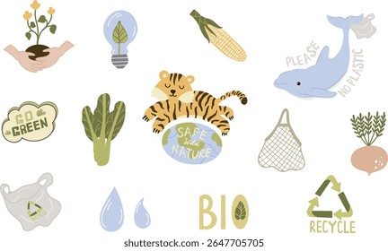 Vector clipart set about ecology: endangered tiger, dolphin, ocean water, plastic waste, and leafy greens symbolizing sustainability. Perfect for eco‑campaigns, education, and green design.