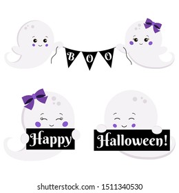 Vector clipart set cartoon flat kawaii style cute, little, scary boy and girl ghost with boo banner and Happy Halloween plates isolated on white background. Flying ghost funny character. 