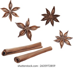 Vector clipart set with cinnamon sticks, star anise, cloves, and mulled wine spices. Warm aromatic ingredients in flat or cartoon style. Perfect for winter drinks, holiday recipes, kitchen set