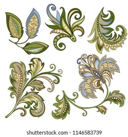 vector clipart set of decorative flowers with leaves in oriental style on white background, beautiful pastel vintage colored illustration of a branch of flowers in baroque style for design