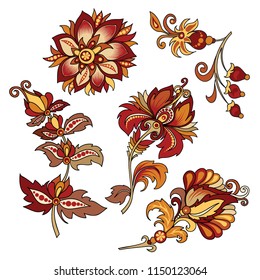 Vektorclip-Kunstsatz mit dekorativen Blumen mit Blättern im orientalischen Stil auf weißem Hintergrund, schöne, bunte Vektorgrafik von roten Blumen für Design