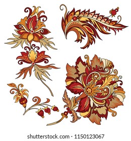 vector clipart set of decorative flowers with leaves in oriental style on white background, beautiful vintage colored illustration of red flowers for design