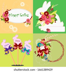 vector clipart set of Easter cards rabbit bouquet flowers willow multicolored eggs