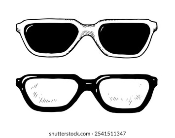 Vector clipart set of eyeglasses and sunglasses. Black and white line art sketches emphasize eyewear fashion and sun protection. Ideal for optics shops or design projects. Hand drawn graphics