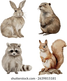 Vector clipart set featuring hare, squirrel, raccoon, and nutria illustrations. Perfect for wildlife projects, educational materials, and children’s designs.