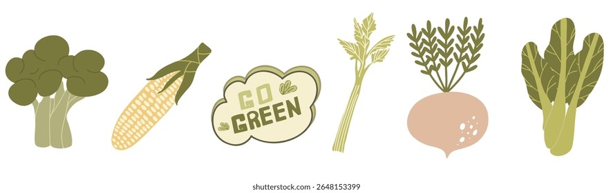 Vector clipart set of green vegetables: broccoli, celery, corn, beet, and lettuce. Healthy food illustration in flat style. Perfect for eco, vegan, organic, and "Go Green" themed designs.