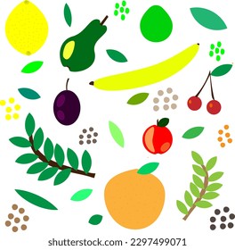 Vector clipart "Set of natural elements and fruits". Designed to decorate posters, advertising banners, flyers, menus, stickers, applications, websites, clothing, interiors.
