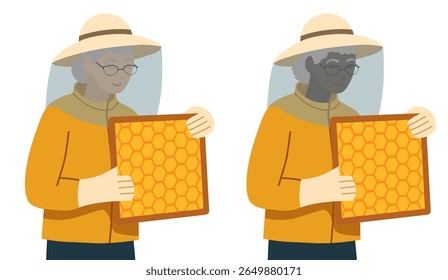 Vetor clipart conjunto de mulheres idosas apicultor diferentes nacionalidades com um quadro com favos de mel. Coleção de apicultores profissionais femininos em uniforme. Hobbies na aposentadoria.