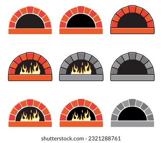 vector clipart set of ovens with burning fire. brick ovens isolated on white background