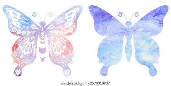 Vector clipart set of silhouettes of watercolor butterflies. Collection of decorative blue tracery flying insect with a floral ornament for stickers and banners