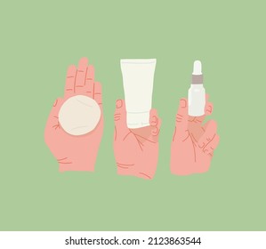 Vector clipart set of skin care products. Handdraw graphics. Flat design . Hands holding a cotton pad, face cream and serum  