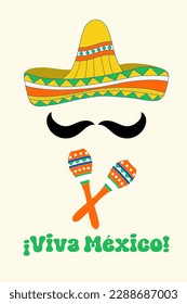 Vector clipart set: sombrero, maracas, mustache and lettering Vivo Mexico. Festive Mexican isolated objects for national holiday and events decoration 