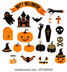 vector clipart set. Spooky pumpkin icons. Halloween scrapbook illustrations, tomb, castle, bat and skull art.