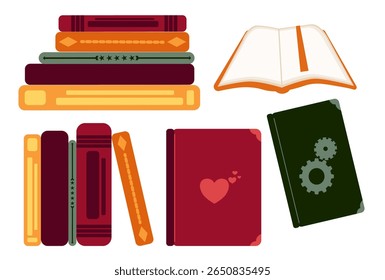 Image vectorielle clip art ensemble de livres empilés et pages ouvertes aux couleurs chaudes de l'automne. Idéal pour les projets de rentrée scolaire, les thèmes de lecture chaleureux, la conception de bibliothèques ou le matériel éducatif avec des ambiances saisonnières.