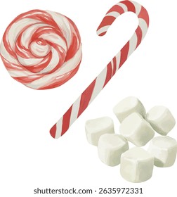 vector clipart set with striped round candies, candy canes, marshmallows, treats. Colorful sweet elements in a fun cartoon or flat style, perfect for dessert menus, holiday designs, kids’ party