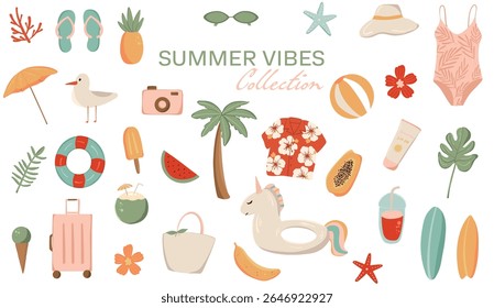 Vector clipart set of summer vacation elements: tropical fruits, swimsuit, hat, drinks, ice cream, and snacks. Bright flat illustrations perfect for travel designs, packaging, and seasonal decor.