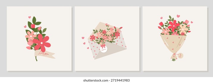 Conjunto de Clipart de Vector de tres ilustraciones florales románticas: ramo con cinta, sobre abierto lleno de flores y etiqueta, y ramo envuelto con Elementos de corazón Pequeño sobre un fondo neutral