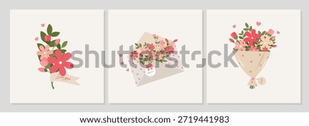Vector clipart set of three romantic floral illustrations: bouquet with ribbon, open envelope filled with flowers and tag, and wrapped bouquet with small heart elements on a neutral background