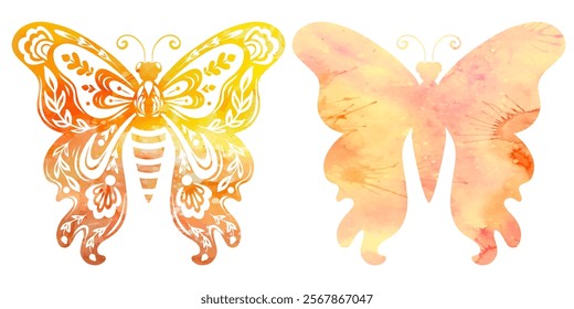 Vector clipart set tracery watercolor butterflies. Collection of decorative yellow tracery flying insect with a floral ornament for postcards and banners