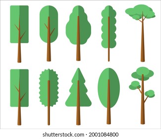Vector clipart of a set of trees in flat style in simple geometric shapes, for icons, iconography, maps