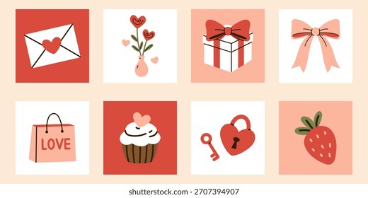 Vector Clipart conjunto de ilustraciones de San Valentín. Sobre, flores en florero, caja de regalo, arco, cupcake, cerradura y llave del corazón, fresa. Lindos carteles románticos. Tarjetas, impresión, decoración digital.