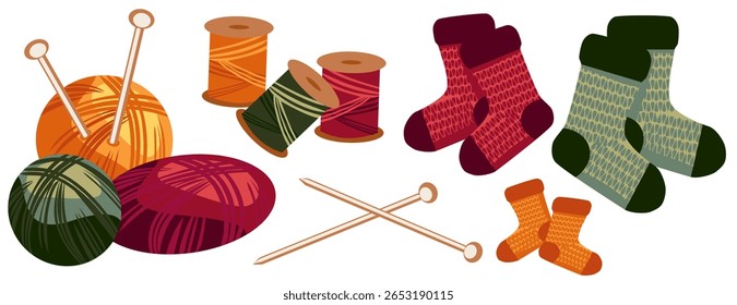 Conjunto clipart vetor com meias de lã, bolas de fio, fios, e agulhas de tricô. Perfeito para blogs de artesanato, livros infantis e projetos temáticos de passatempos de outono.