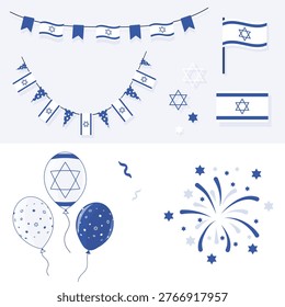 Vector clipart set for Yom Ha'atzmaut. Israel Independence Day. Features festive elements in blue and white flat vector style: Israeli flag bunting garlands, a flagpole, patterned balloons with Star of David, confetti, and a stylized firework