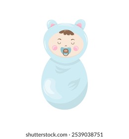 Vector clipart sleeping newborn baby  in blue blanket  with pacifier. For kids design. Stock isolated clipart on a white background. In cartoon style.
