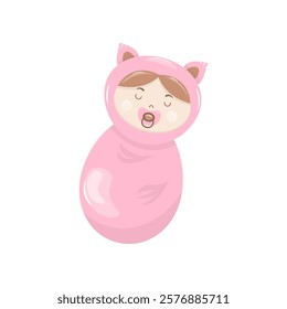 Vector clipart sleeping newborn baby in pink blanket with pacifier. Vector stock image isolated on white background.  In pastel colors. 