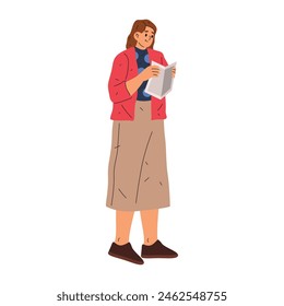 Vector Clipart de mujer de pie con papel. Mujer aislada posando con un libro. Mujeres de moda doméstica o de casa. Ropa o ropa para el hogar. Soltero humano leyendo y posando en vestido. Diseño de estilo de dibujos animados