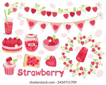 Vector clipart for Strawberry Day. Holiday flags, ice cream, juice, strawberry heart, jam, cake, strawberry dessert, round strawberry frame, set, collection, party supplies