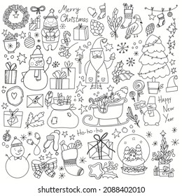 Vector clipart from the symbols of Christmas and New Year's holidays in the style of doodle: santa, a tree with toys, socks, boxes with gifts, spruce branches, garlands, various compositions 