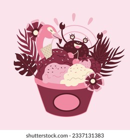 Vector clipart tropical pattern, flamingo and crabs, vectro illustrations, pink design, fruits, floral, strawberry, summer icecream, cards, wallpaper, packing