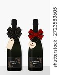 Vector clipart of two champagne bottles with black and red ribbon bows and hanging tags. Text on the tag: “With love”. Isolated objects.