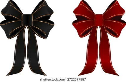 Vector Clipart de dos arcos de regalo decorativos. Un lazo de cinta negro y uno rojo con ribete dorado, estilo brillante realista, vista frontal. Objetos aislados