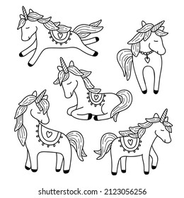 Vector clipart with unicorns. Hand drawn doodle. Isolated on white background, Kids, girls simple illustrations