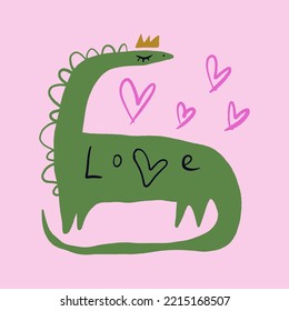 Vector clipart Valentine dinosaur on pink background, postcard, sticker or other. EPS and JPG illustration. Funky doodle trendy print, colorful hand drawn childish cartoon art. Groovy abstract