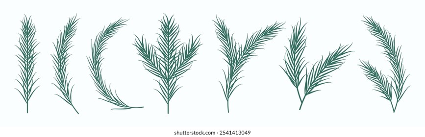 Vector clipart with various pine branches isolated on a light background. Subtle decoration set for greeting cards, invitations, winter designs, packaging, etc. 