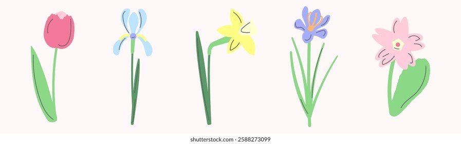 Vector clipart of various spring flowers in soft pastel shades isolated on a light background. Subtle decorative tulip, iris, daffodil, crocus, and primrose in pink, blue, and yellow colors