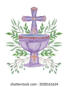 Vector clipart of a violet baptismal bowl and a cross framed by green branches, stylized as a watercolor. Hand-drawn vector clipart for christening