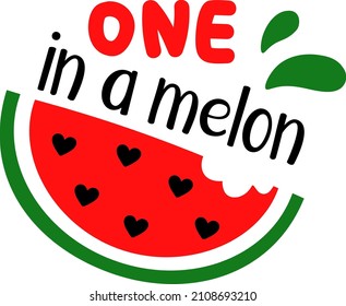 Vector clipart of a watermelon slice with heart-shaped seeds with the phrase "One in a melon". Tree colors are used - red, green, and black. 
Cute summer design for shirts, tote bags, wall art, etc.